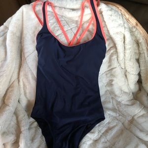 NWT All in Motion Poly Spandex Navy and Orange Strappy Low Cut Back Ties…